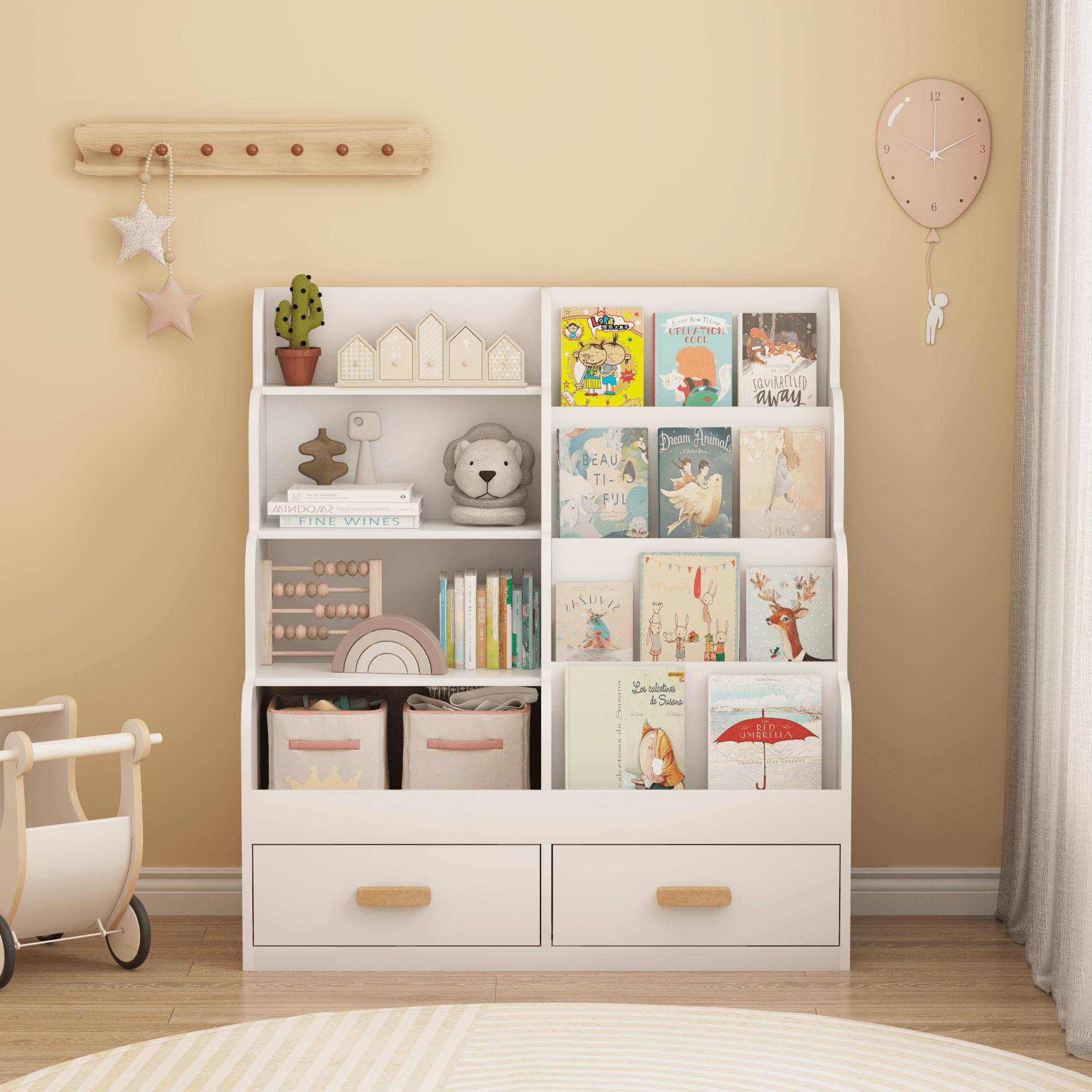 Kids Furniture Kids Bookshelf with 2 Storage Drawers, Front-Facing Children's Bookcase and Toy Organizer, Multi-Tier Reading Shelf for Toddlers, Playroom, Bedroom, or Nursery - White,Baby Nursery Fu