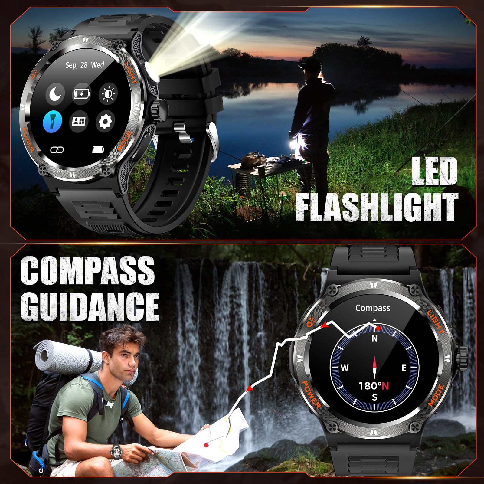 EIGIIS KT76 Smartwatch for Men with LED Flashlight 1.53'' HD
