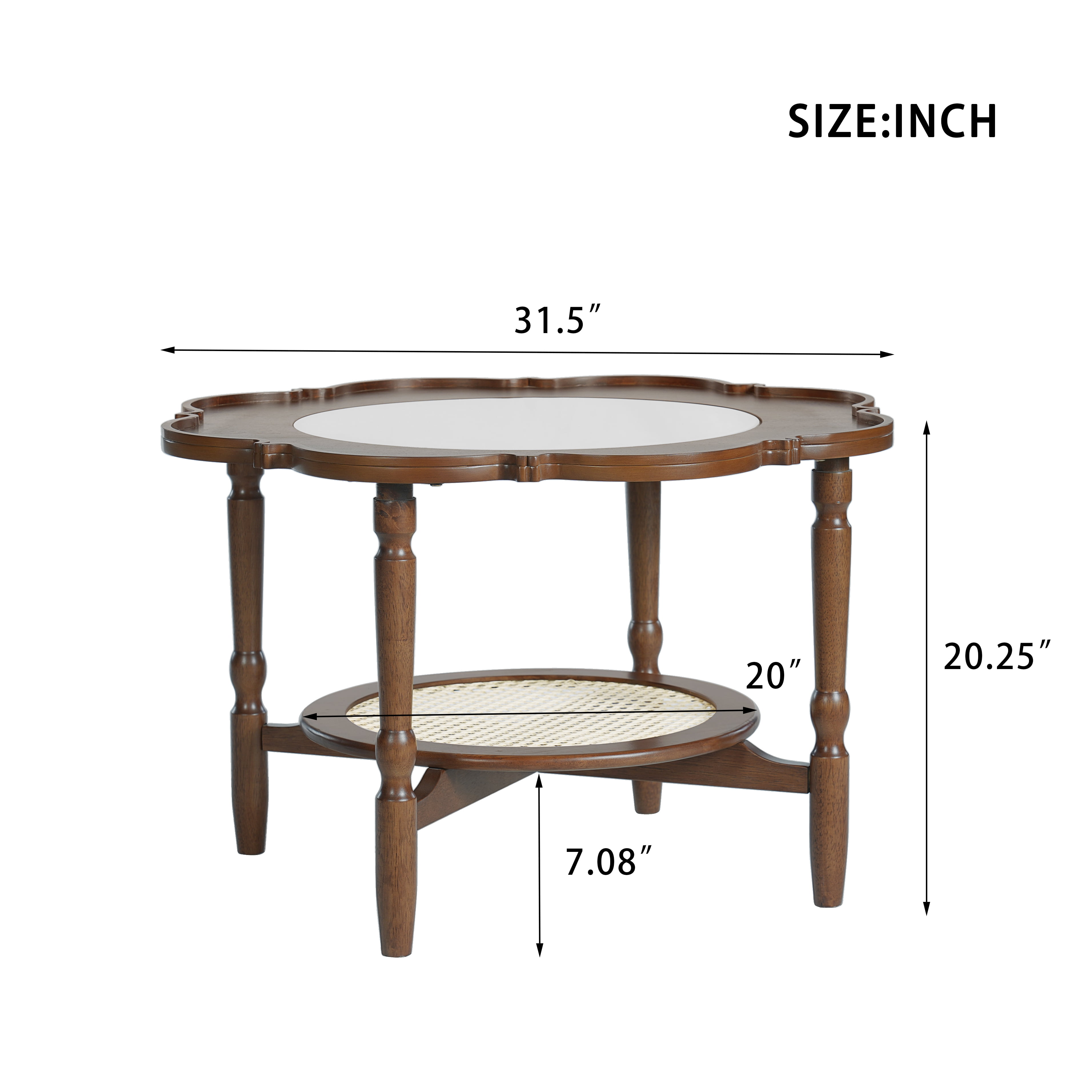 Euroco Mid-Century 31.5" Petal-Shaped Coffee Table with Crackle Glass Top and Rattan Shelf