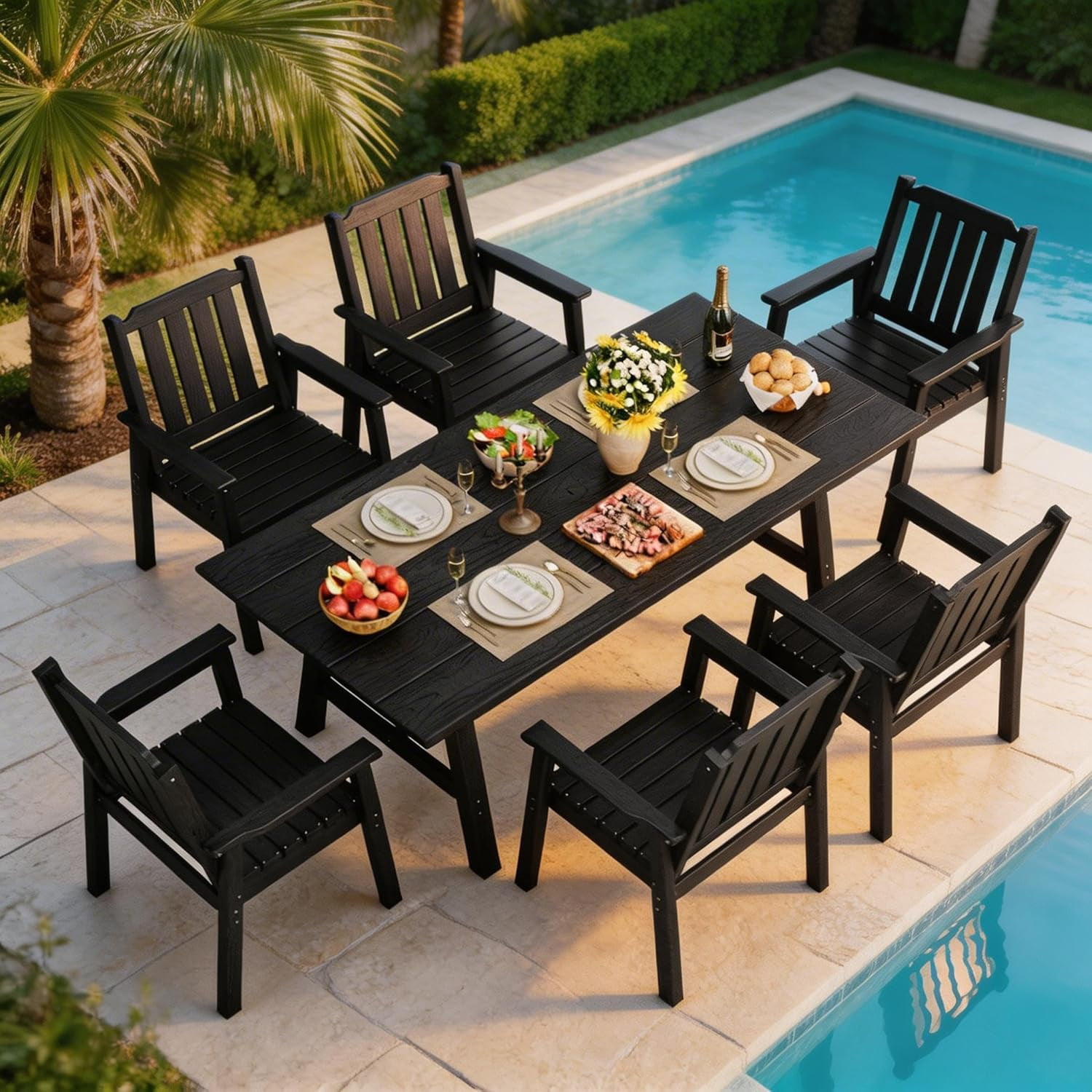 EliteEdge Set of 2 23.9" Wide HDPE Patio Dining Chairs, 650LBS Capacity All-Weather Armchairs with Slatted Seat, Heavy Duty Modern for Garden, Poolside, Deck,Black