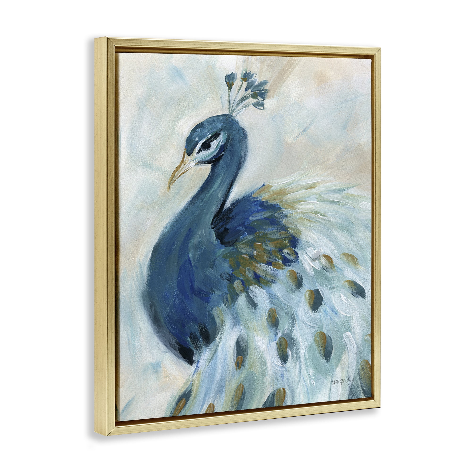 Stupell Industries Elegant Blue Peacock Animals & Insects Painting Gold Floater Framed Canvas Art Print Wall Art, 17 x 21