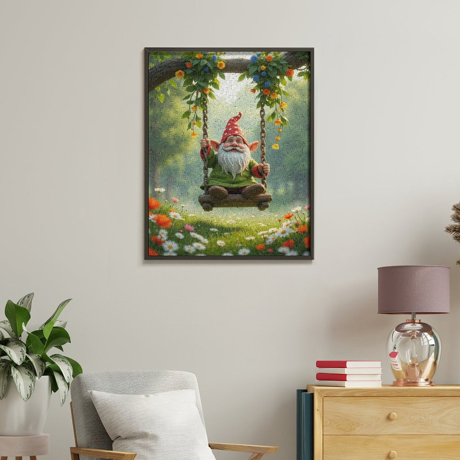 Paint By Numbers Kit for Adults Beginner - DIY Whimsical Gnome On Swing Canvas Painting Kits for Adults, Frameless Paint By Number for Adults for Home Wall Decor 16x20 Inch