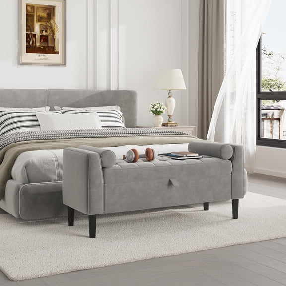 46.5" Storage Ottoman Bench,Entryway Shoe Bench,Upholstered End-of-Bed Storage Chest,Footrest Seat,Storage Stool with Rolled Armrests & Wood Legs for Hallway,Bedroom, Living Room & Cloakroom