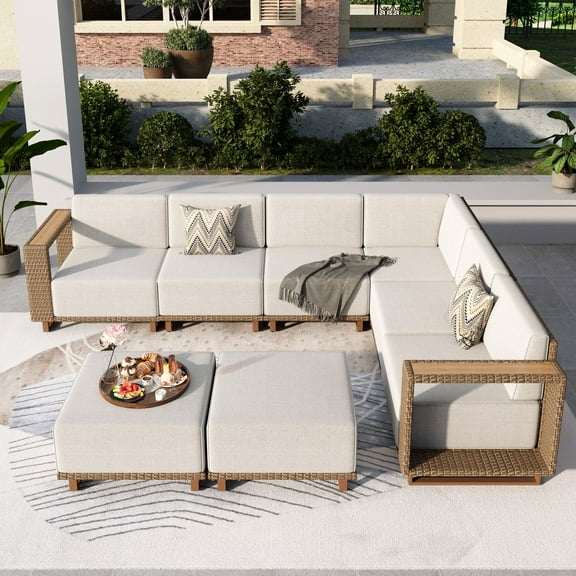 MF Studio 8-Piece Wicker Patio Furniture Set, L Shaped Outdoor Sectional Set with 2 Ottomans, Beige