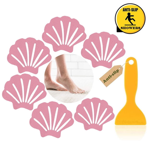 Adhesivo transparente antideslizante en forma de concha (6 unidades, rosa), adhesivo antideslizante para ducha para baby shower, textura no abrasiva, adhesivo transparente para baby shower, con raspad