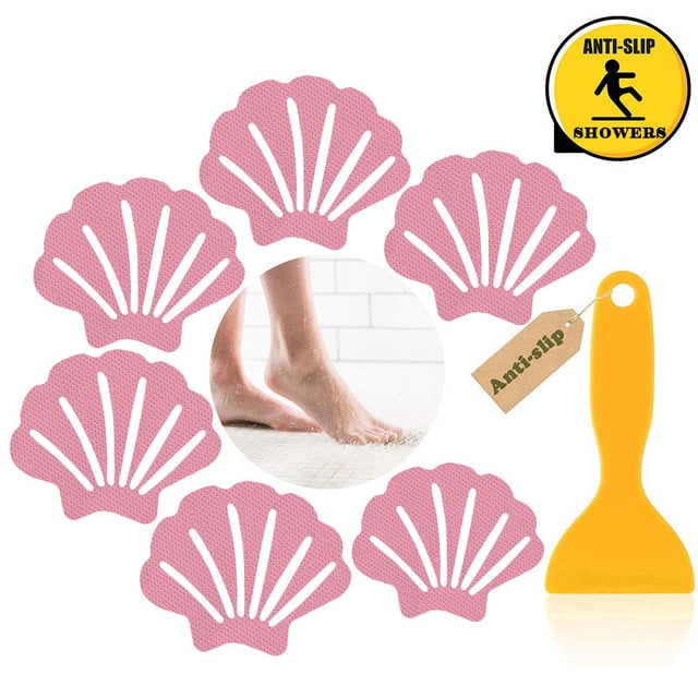 Pegatina antideslizante transparente en forma de concha (6 piezas, rosa), almohadilla de ducha antideslizante pegatina de ducha textura transparente no abrasiva pegatina para baby shower, con raspado