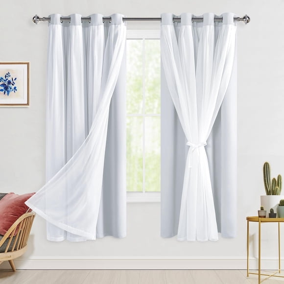 Cortinas Hiasan opacas de color blanco grisáceo con revestimiento transparente de 132 x 160 cm
