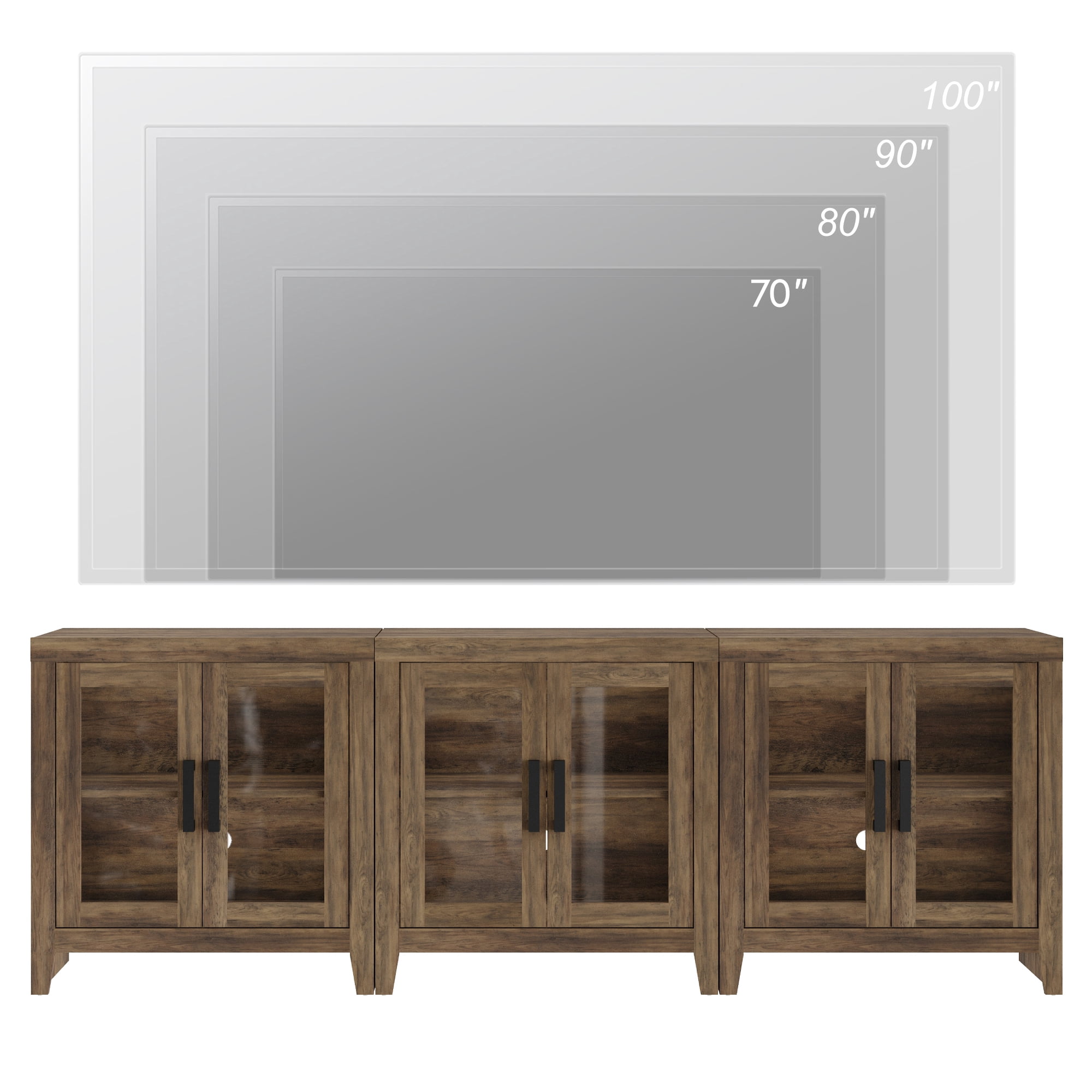 WAMPAT Modern Farmhouse TV Stand up to 100"TV, Entertainment Center with Tempered Glass Doors & Adjustable Shelves, Brown