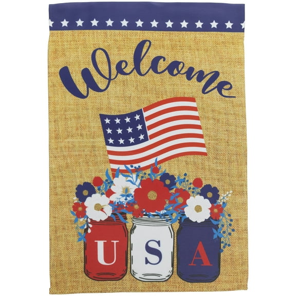 Northlight Floral Mason Jars "Welcome" USA Flag Patriotic Outdoor Garden Flag - 18" x 12.5"