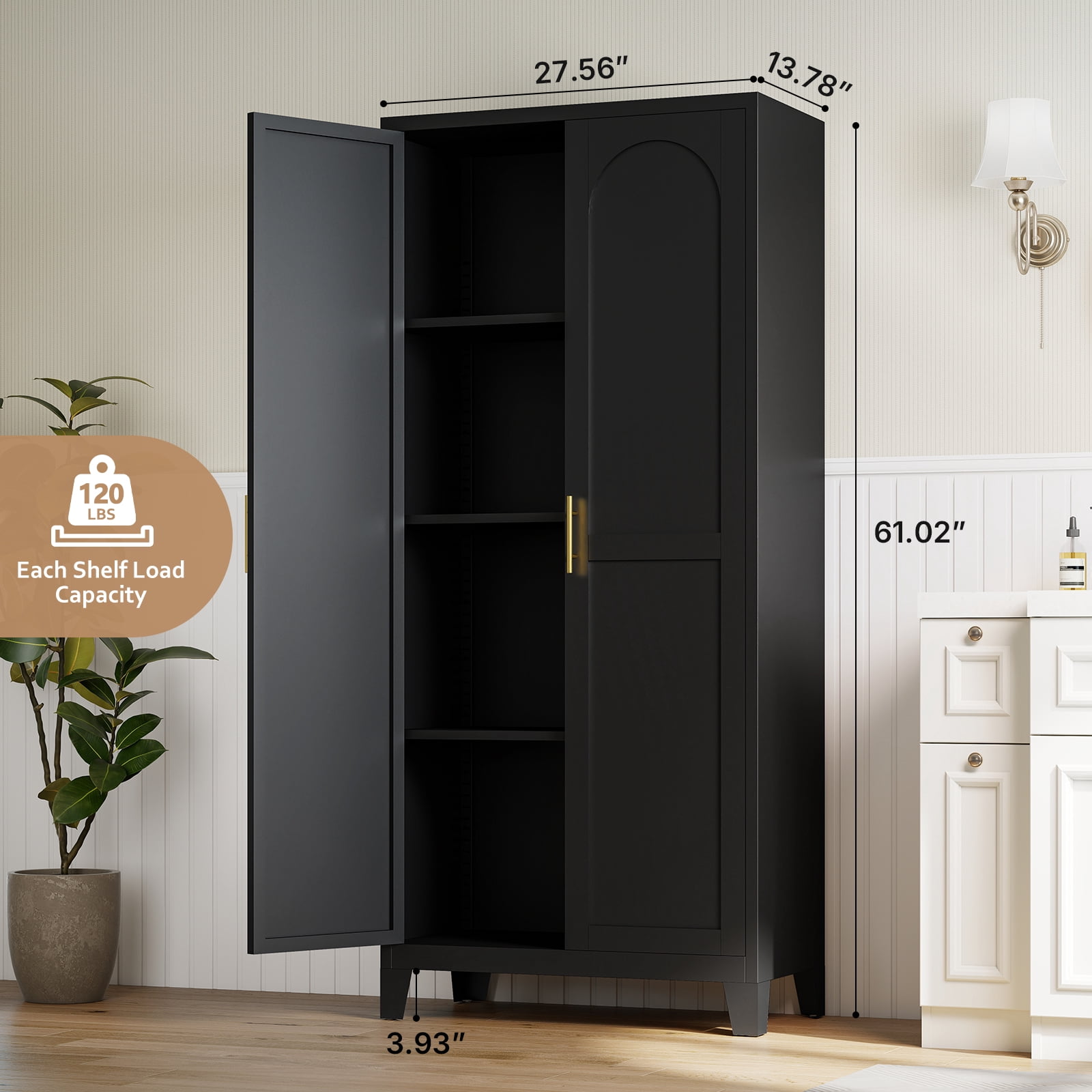 LIZEVINC 61.2in Pantry Cabinet, Metal Shapely Doors Cabinet with Doors and Adjustable Shelves, Food Pantry Cabinet for Kitchen,Dinning Room- Assembly Required(Black)