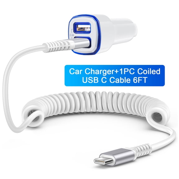ABCPOW iPhone Car Charger,2.4A Dual USB Car Charger with Coiled USB Type C Cables 6ft Type C Car Charger Adapter Fast Charging Cables Cords Type C USB C Charger Cable 6ft Car Cigarette Lighter Socket