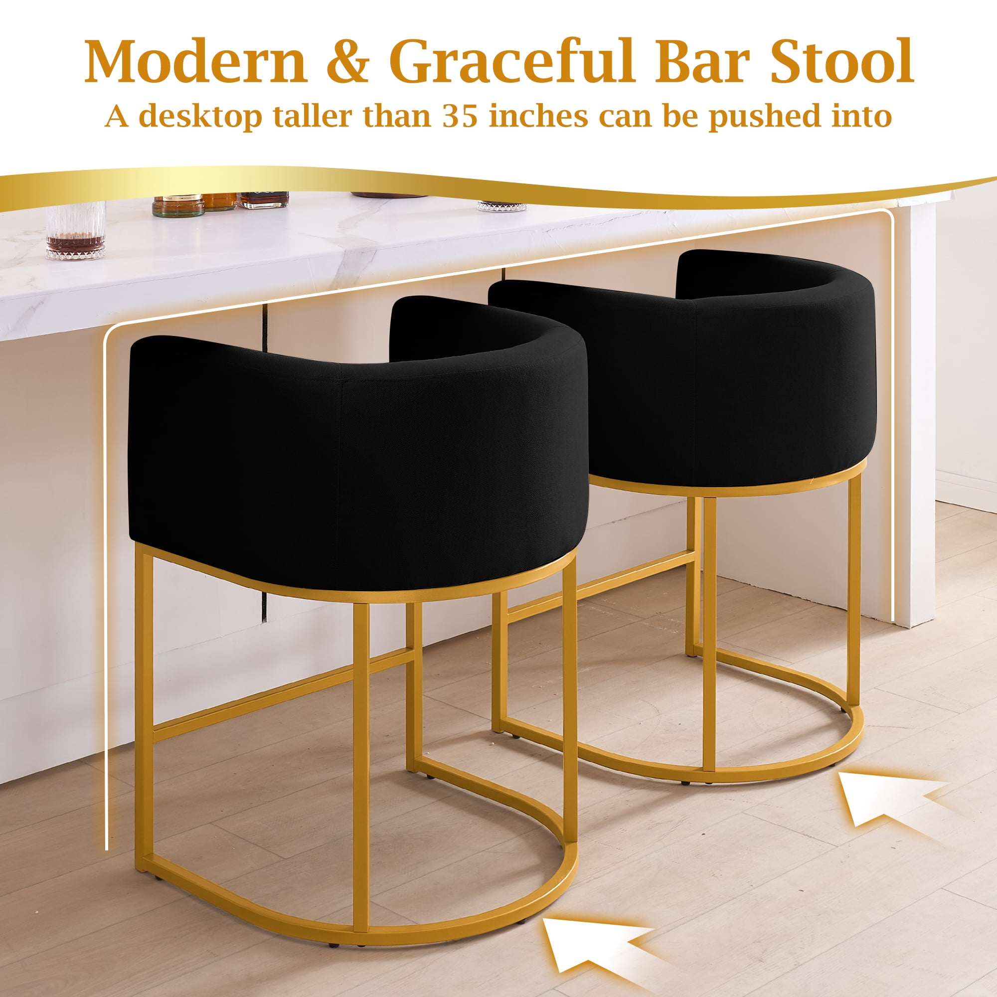 FANCROU 26" H Counter Height Bar Stools Set of 1, Fabric Barrel Stools with Back and Arms, Black-Golden Leg