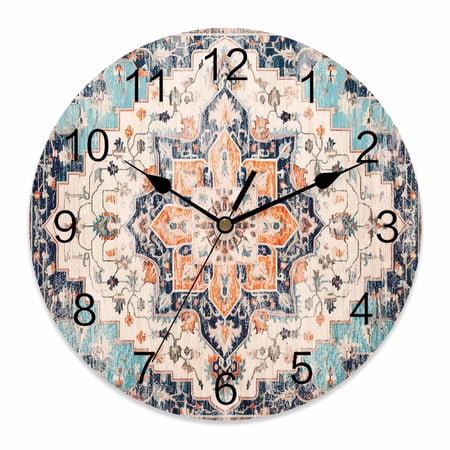10 Inch Boho Wall Clock, Vintage Medallion Damask Floral Abstract Middle Ages Battery Operated Silent Non Ticking Clocks, Easy to Read Round Wall Clock for Kitchen/Living Room/Bedroom/Bathroom