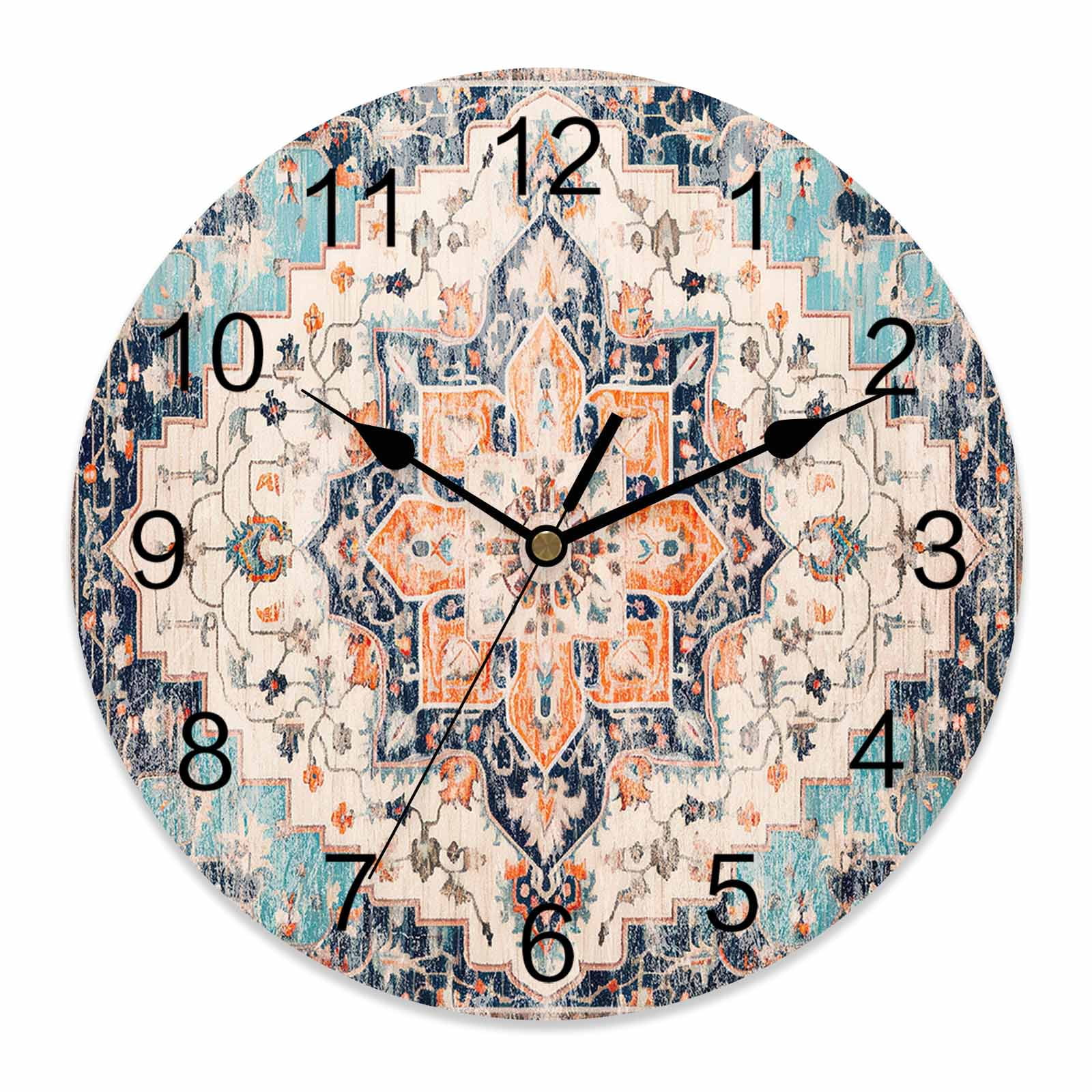 10 Inch Boho Wall Clock, Vintage Medallion Damask Floral Abstract Middle Ages Battery Operated Silent Non Ticking Clocks, Easy to Read Round Wall Clock for Kitchen/Living Room/Bedroom/Bathroom