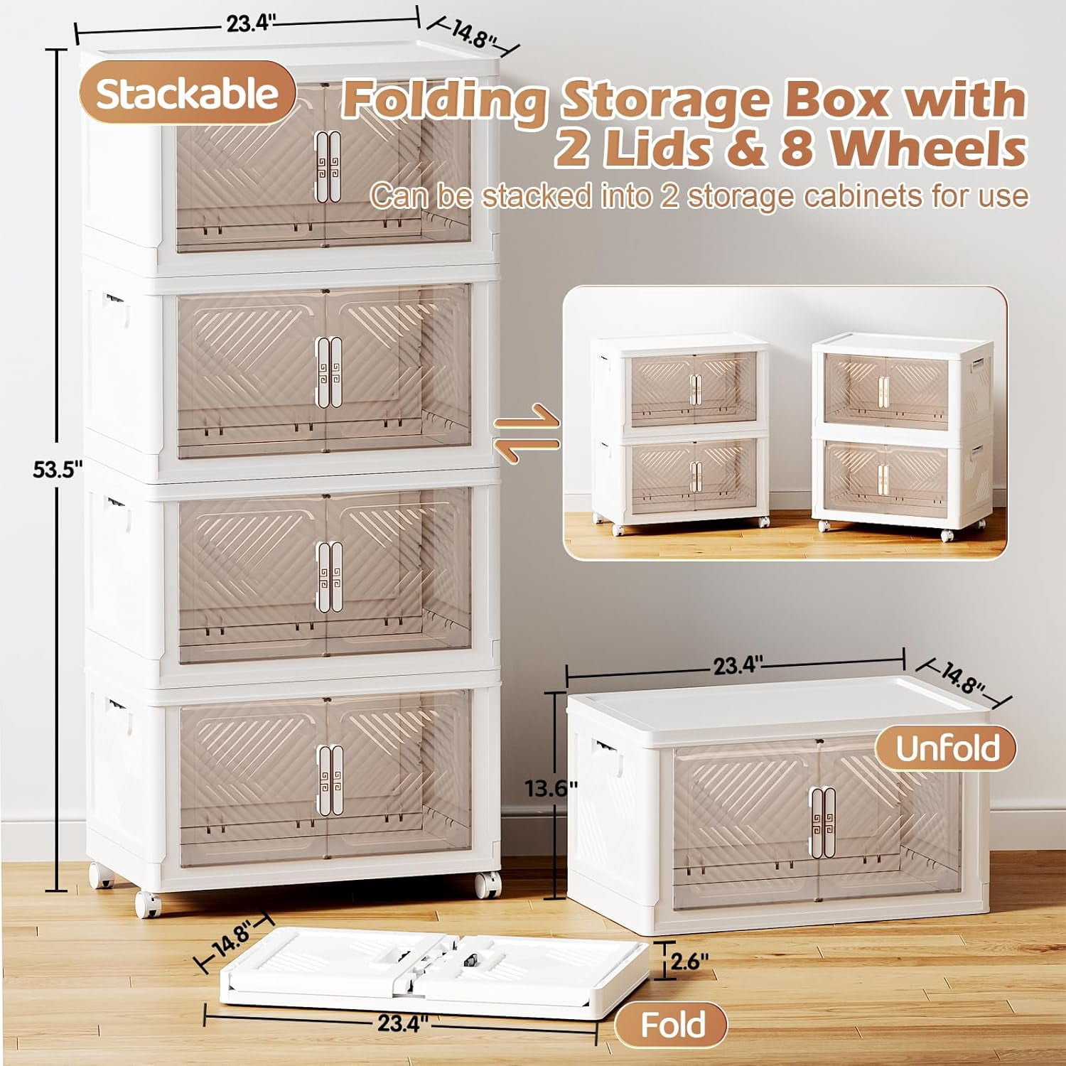 Storage Bins with Lid 4 Pack 76QT, Stackable Storage Containers with Wheels and Magnetic Doors, Plastic Clothes Closet Organizers and Storage Box for Home and Office