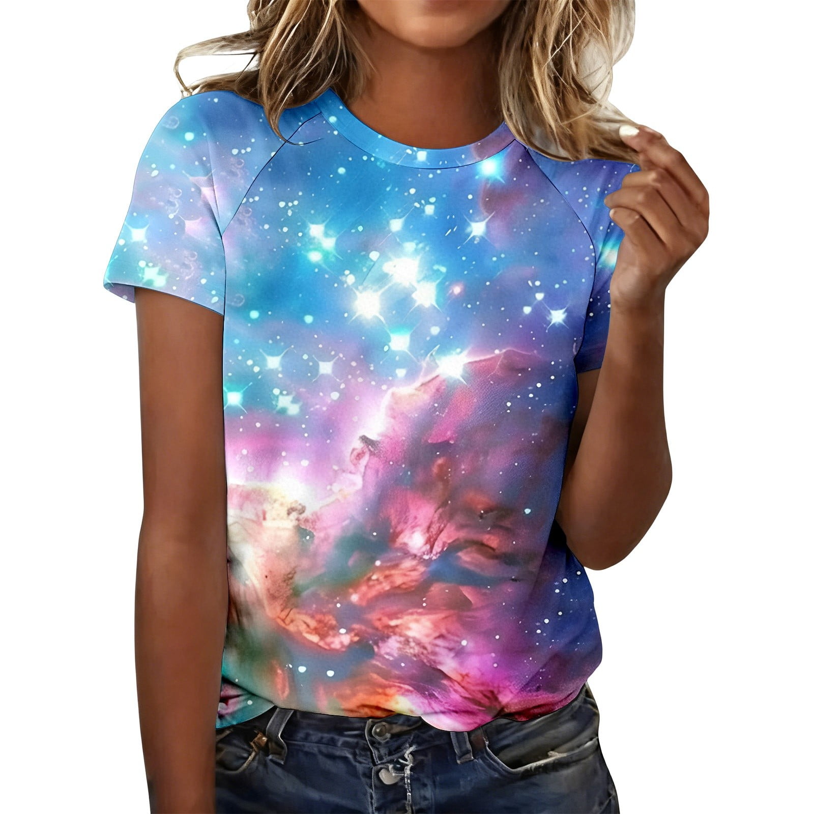 Active Tops Women Galaxy Print T Tunics for Women Summer Fit Mom Women Shirts Summer Sleeve Shirt Compression Shirt Women Long Sleeve Women Sports T Shirt Shirts Women T Shirts Blue XL