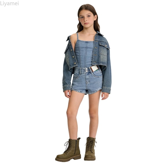 Liyamei Girls Lightweight Denim Shorts with Button for Summer Size 3-14,Blue