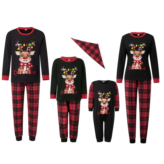 Conjunto de pijamas familiares a juego: camisetas de manga larga con estampado de renos navideños y pantalones a cuadros (2 piezas). Pijama familiar.