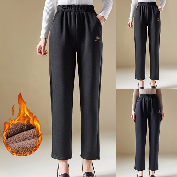 XPMWRP Women's High Waist Sherpa Lined Sweatpants Casual Winter Warm Straight Leg Pants Elastic Travel Athletic Work Pants Navy XL