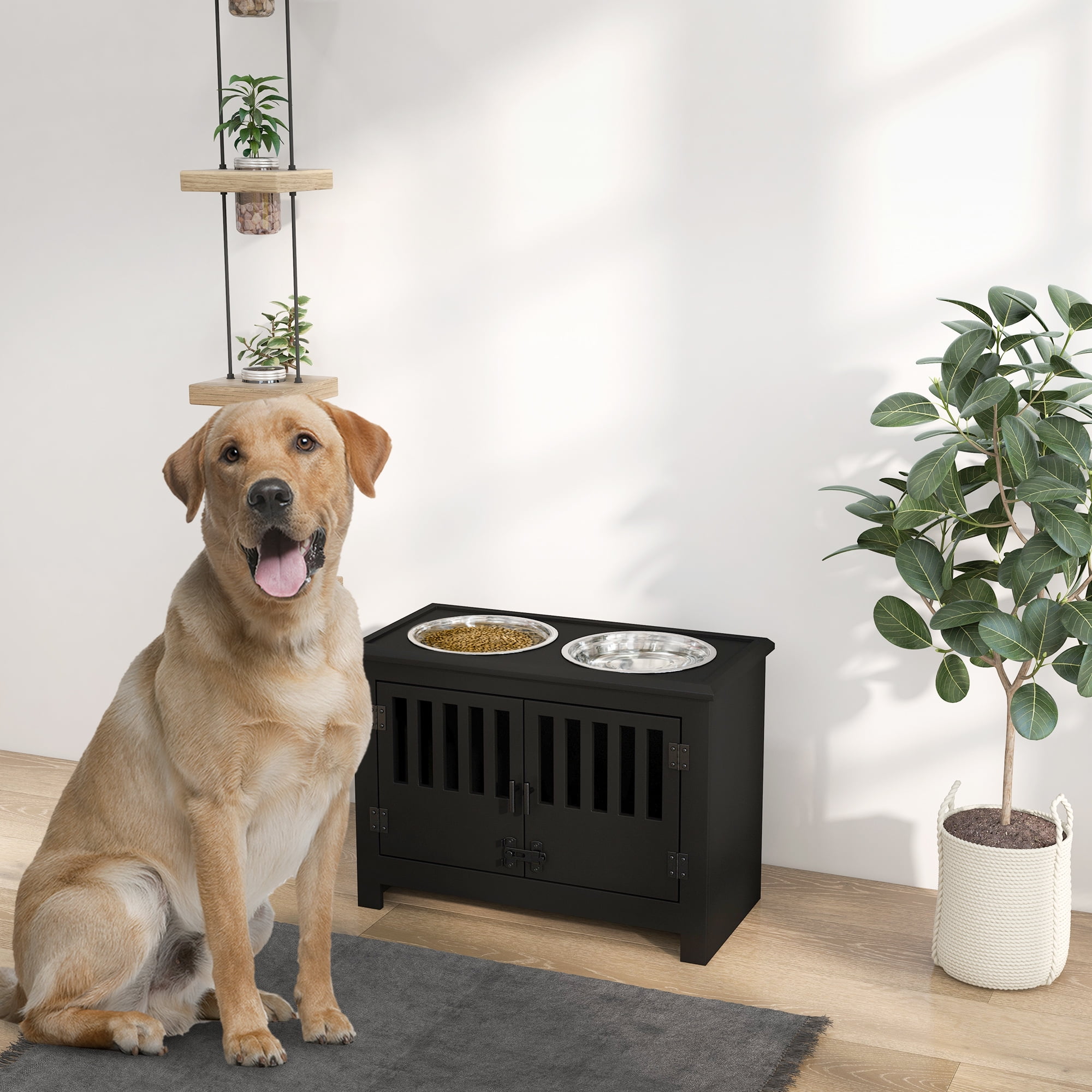 Large Elevated Dog Bowls with Storage Cabinet Containing Large 37L Capacity, Raised Dog Bowl Stand Pet Food Bowl Dog Feeding Station, Black
