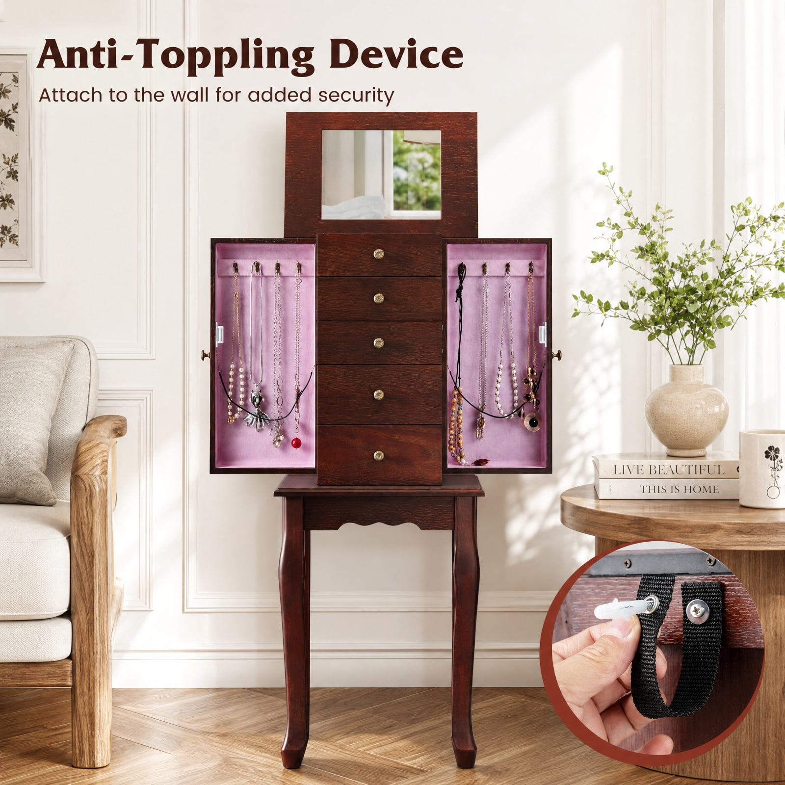 Furnibear 2 Colors Armoire Storage Standing Jewelry Cabinet with Mirror for Bedroom Dressing Room Jewelry Necklace Rings Storage Mirror, Brown