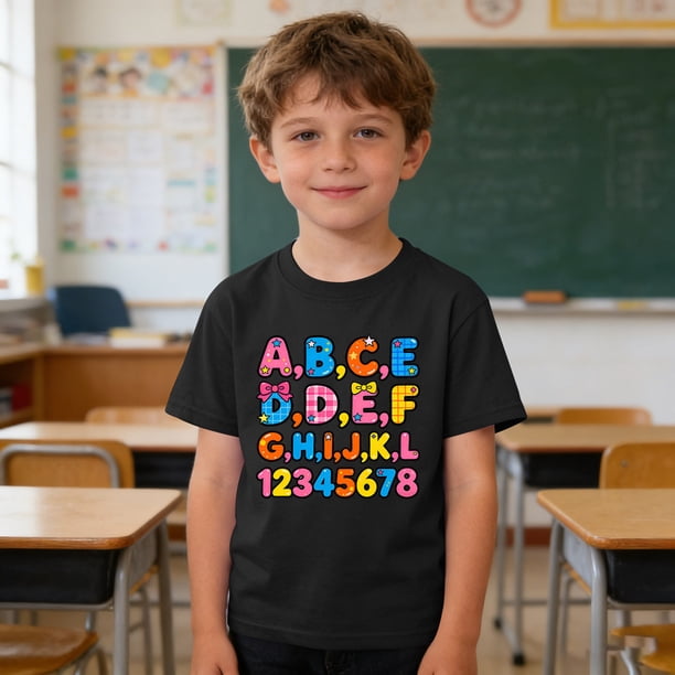 Blusas y camisas de manga corta con cuello redondo para niños y niñas, camisetas gráficas de manga corta, blusas con estampados bonitos para la temporada escolar.