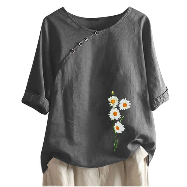 Blusas de Manga Corta para las Mujeres Impresas Cuello Redondo Camiseta Casual, Blusa de Algodón de Imitación para las Mujeres