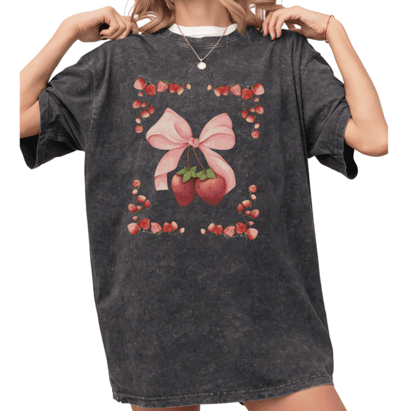 Women's funny Summer Strawberry Frame with Pink Coquette Bow and Floral Accents Graphic Casual Washed T Shirt Black S-2XL Plus Size