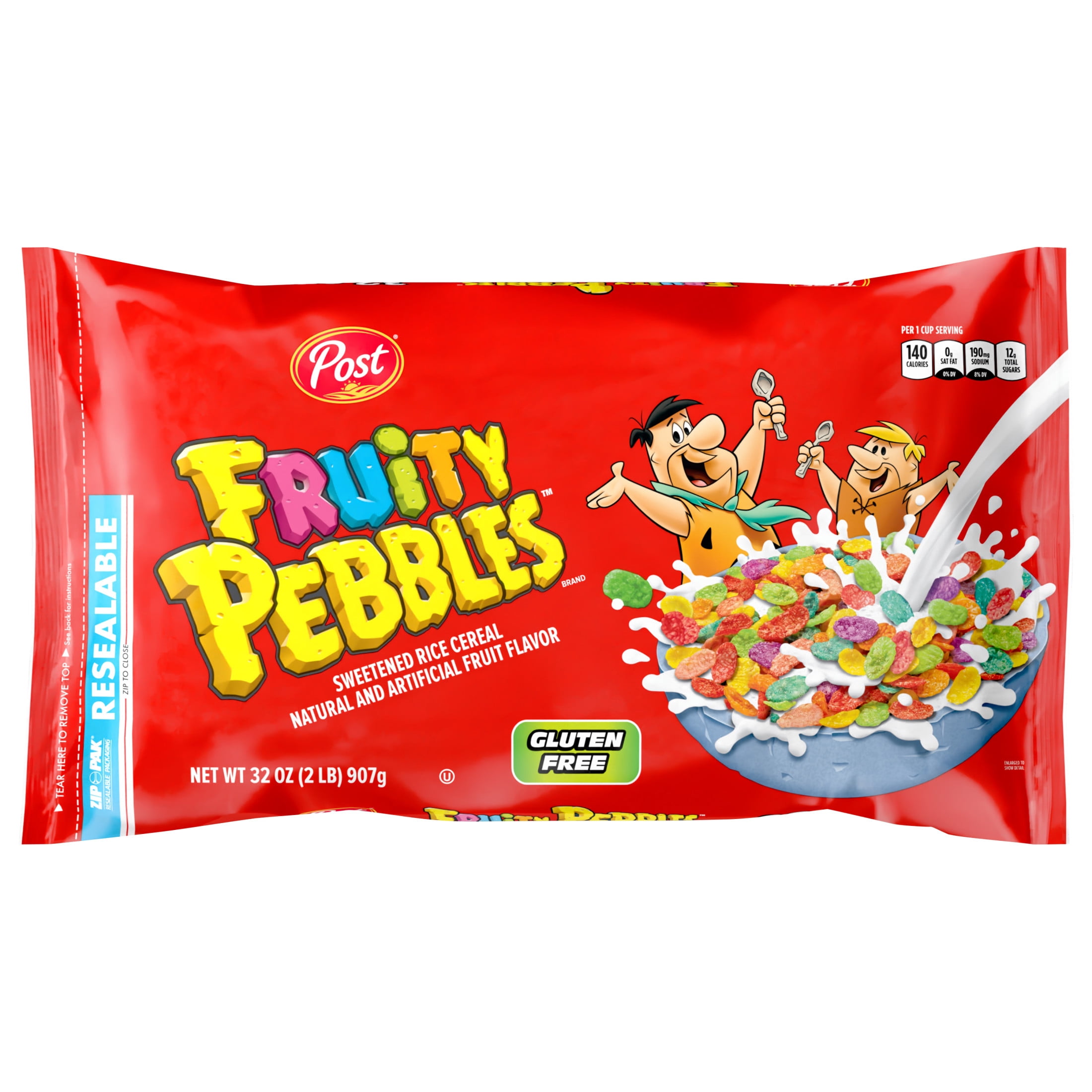 Post Fruity PEBBLES Breakfast Cereal, Gluten Free, Sweetened Puffed Rice, 32 oz Bag