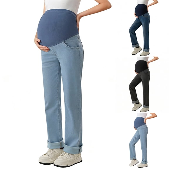 Loopsun Womens Pants, Pregnancy Jeans for Women, Women's Fleece Lined High Waist Stretchy Breathable Straight Leg Casual Maternity Jeans Light Blue, XL