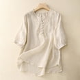 thumbnail image 2 of Luxalzxs Womens Cotton Linen Tops Half Sleeve Solid Color Round Neck Boho Vintage Embroidery Shirts Casual Loose Fit Ethnic Style Blouse Tops, 2 of 5