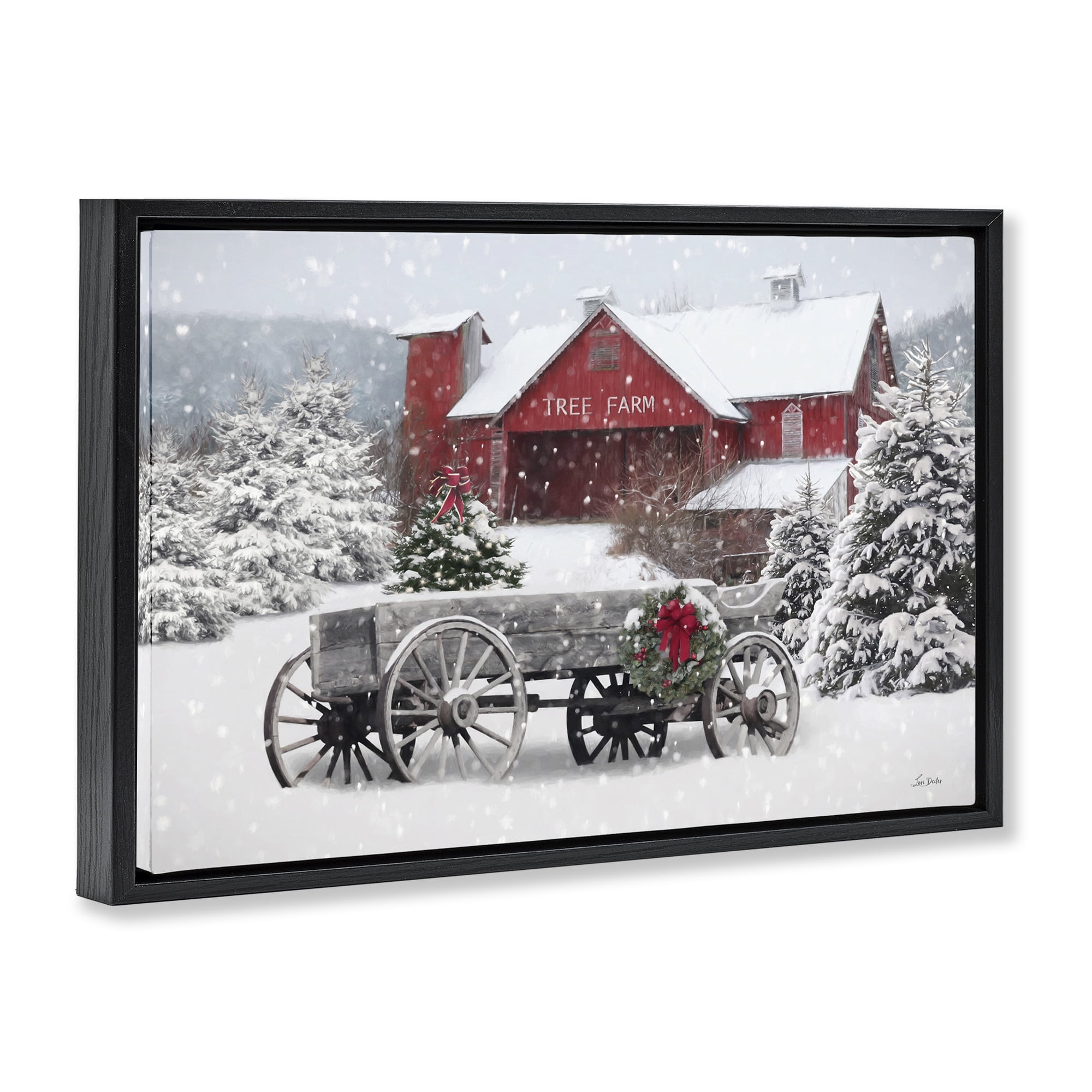 Stupell Industries Winter Wagon & Barn Holiday Painting Black Floater Framed Canvas Art Prints Wall Art, 31 x 21