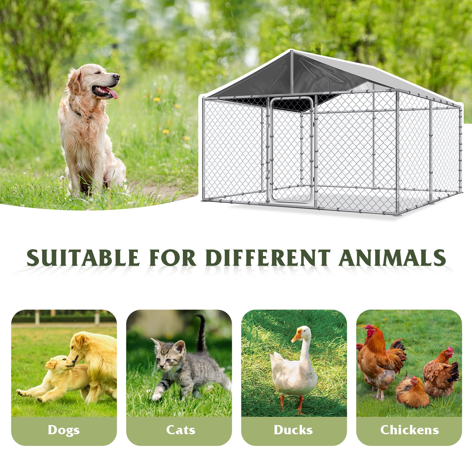 Magic Union Large Dog Kennel Outside with Roof, 10x10x7FT Outdoor Dog Kennel Cage Run Heavy Duty Dog Playpen Pen with Secure Lock, 118.1"x118.1"x82.6"