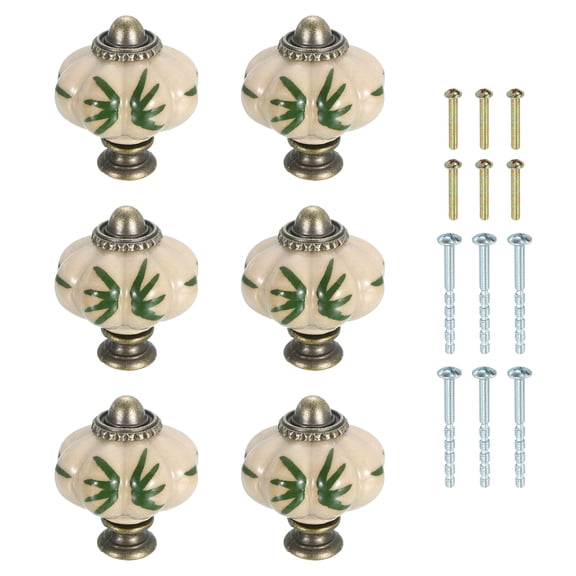 Uxcell 6 Pack Ceramic Knobs, 35mm/1.38" Pumpkin Cabinet Knob Drawer Pull Handle Vintage Drawer Knobs with Screws for Vanity Bedroom Furniture Closet, Green Leaves