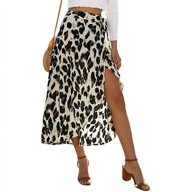 Jupe de Léopard Boho Haut Bas Split Été Plage Jupes Midi Wrap (Imprimé Léopard Blanc, XL)