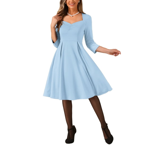 Vestido de cóctel A-Line de color sólido con escote corazón y mangas 3/4 para mujer Inspire Chic, azul claro, talla S