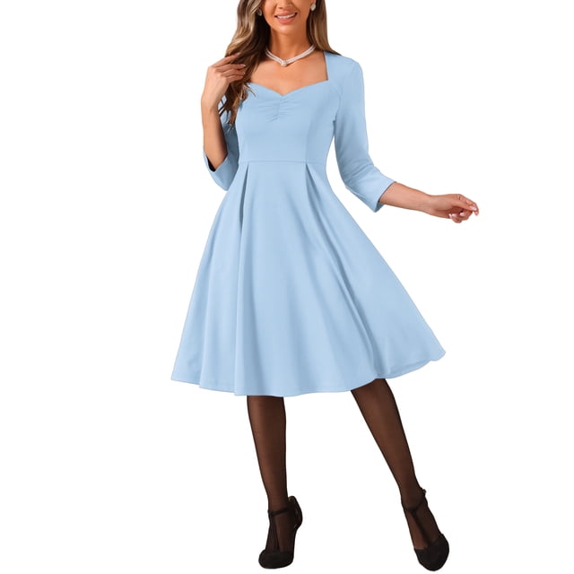 Vestido de cóctel A-Line de color sólido con escote corazón y mangas 3/4 para mujer Inspire Chic, azul claro, talla S