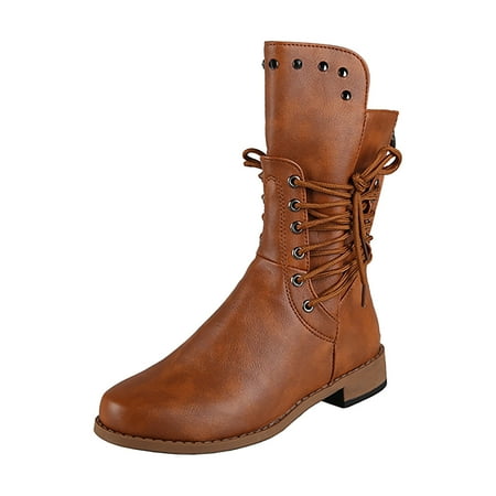 

Rdeuod Cowboy Boots for Women Fashion Casual Lace Up Zipper Solid Color Single Shoes High Heels Boots
