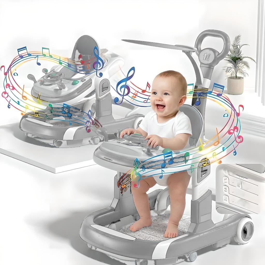 DuoBao 5-in-1 Baby Walkers With Bouncer, Removable Footrest, Feeding Tray & Music, Foldable & Adjustable Activity Walker For Boys And Girls,Ergonomic backrest Design Toddler Infant, Gray