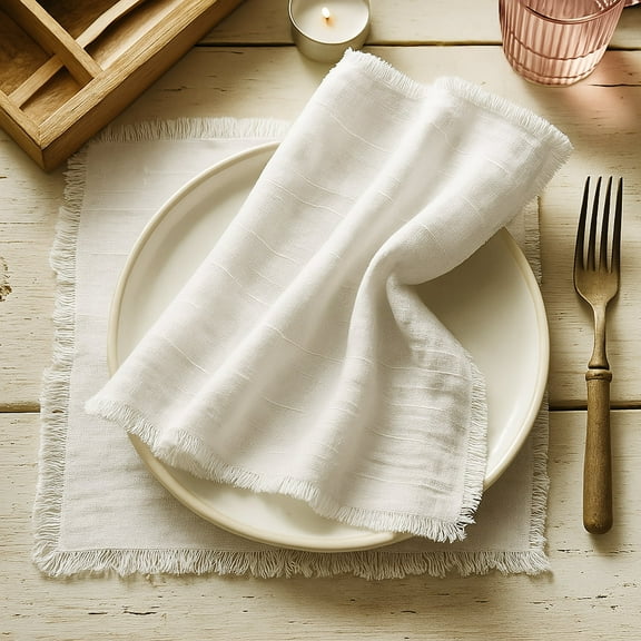 Vargottam Solid Cotton Muslin Napkins with Fringed Edges 12 Pack | Reusable 20"x20" Table Linen with Subtle Check Texture | Soft Dining Napkins for Formal Dinners, Events and Everyday Use - White