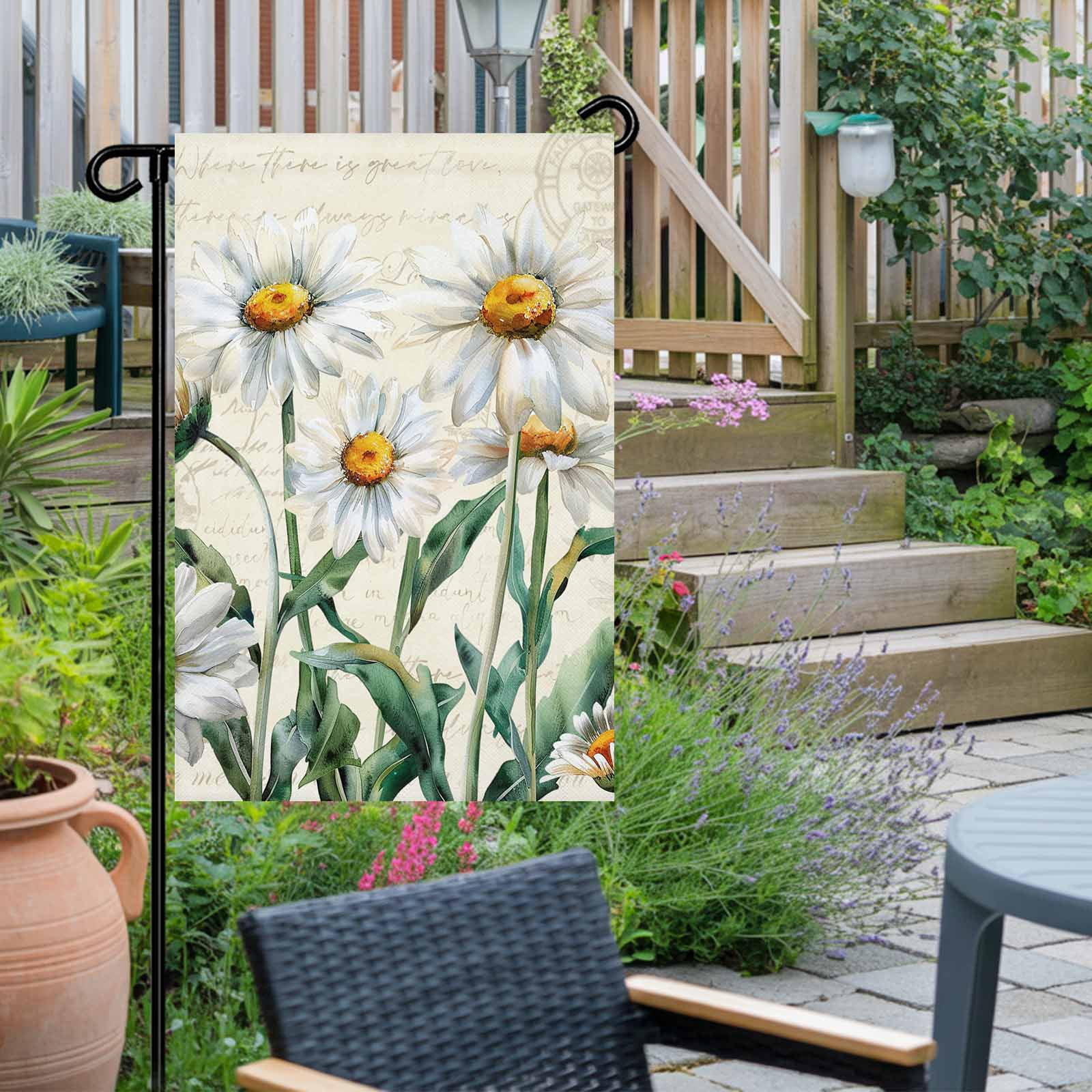 Garden Flag Double-Side Printed House Flag Daisy Floral Yard Flag Farmhouse Vintage Flower Welcome Banner Decor Outdoor Holiday Decorations 28*40in