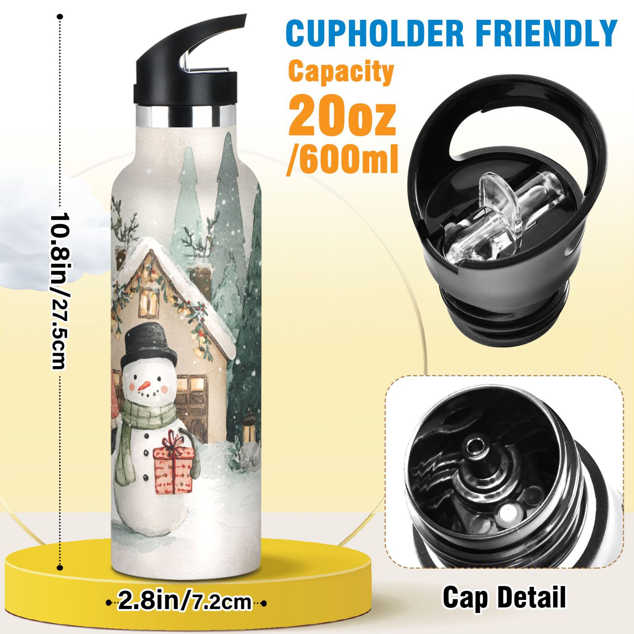 600ML Stainless Steel Insulated Cup Sports Water Bottle Portable Thermos Cup Water Glasses Insulated Tumblers Convenient and Durable Beautiful Red Santa Claus