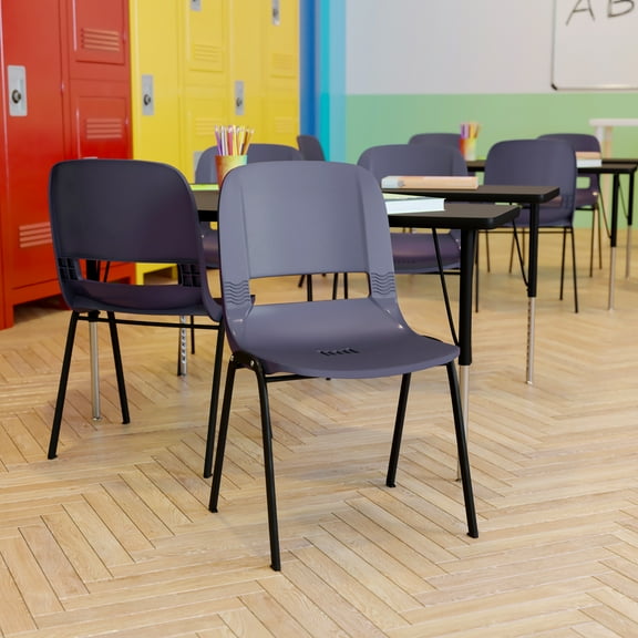 Emma   Oliver Navy Ergonomic Heavy Duty Plastic Stack Chair with Powder Coated Black Frame and 16" Seat Height