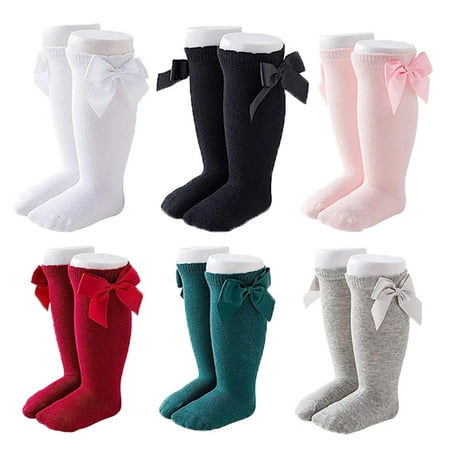 

6 Pairs Kids Girls Bowknot Knee High Long Cotton Socks Mutilcolor