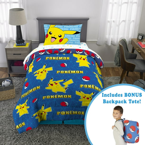 Pokemon Kids Twin Bed in a Bag, Gaming Bedding, Comforter Sheet Set and Bonus Tote, Blue