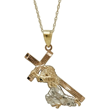 Simply Gold Precious Sentiments 10kt Yellow, White and Pink Gold Jesus Carrying Cross Pendant, 18
