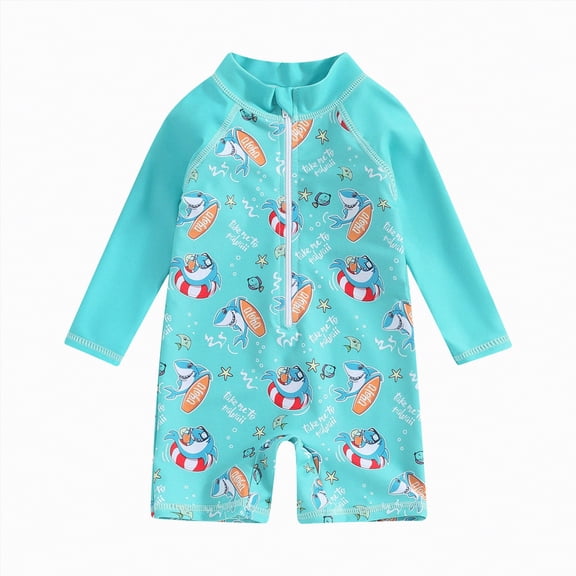 NOLDARES Toddler Boys Rash Guard Swimsuit Print Zipper Short Sleeve/Long Sleeve Bathing Suit with Swim Cap for Kids(Mint Green,9-12 Months)