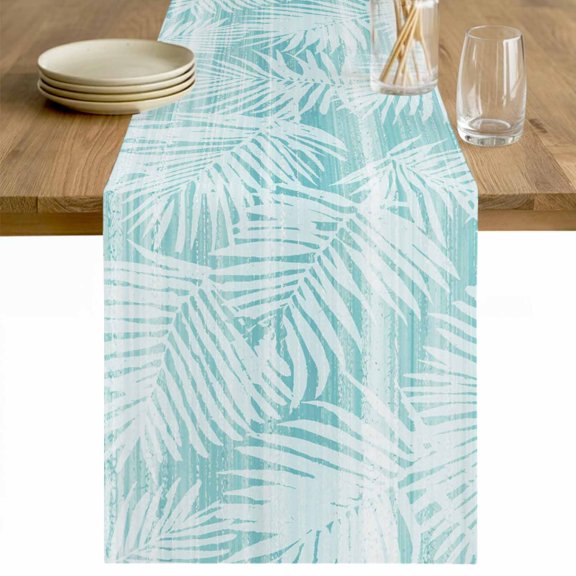 Teal Coastal Palm Leaves Cotton Linen Rectangle Table Runners 13"x72", Summer Botanical Tropical Coffee Table Runner Dresser Scarves Luxury Table Runners for Wedding Party Banquet Dinner Decor
