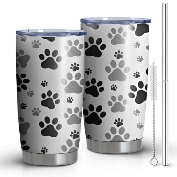 20 Oz Grey Dog Paw Footprint Coffee Tumbler Double Wall Insulated Stainless Steel Water Bottle | Metal Reusable Thermoses Flask with Cup Cap | Leak & Sweat Proof with Anti-Dust Lid
