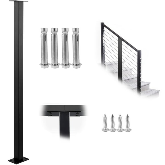 KFFKFF Wire Balustrade Post, 36" x 1.5" x 1.5" Iron Flat Deck Balustrade Post Without Openings, SUS304 Stainless Steel Wire Balustrade Post, Staircase Railing Post for DIY, Single Pack, Black